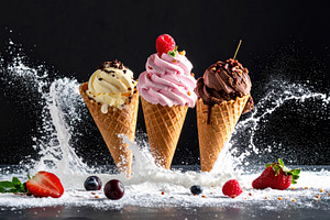 Three Ice Cream Cones Splashing in Powder, a Food & Drink Photo by Davizro's Market