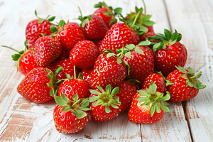 Red strawberries on wooden table, a Food & Drink Photo by AlyaAnd