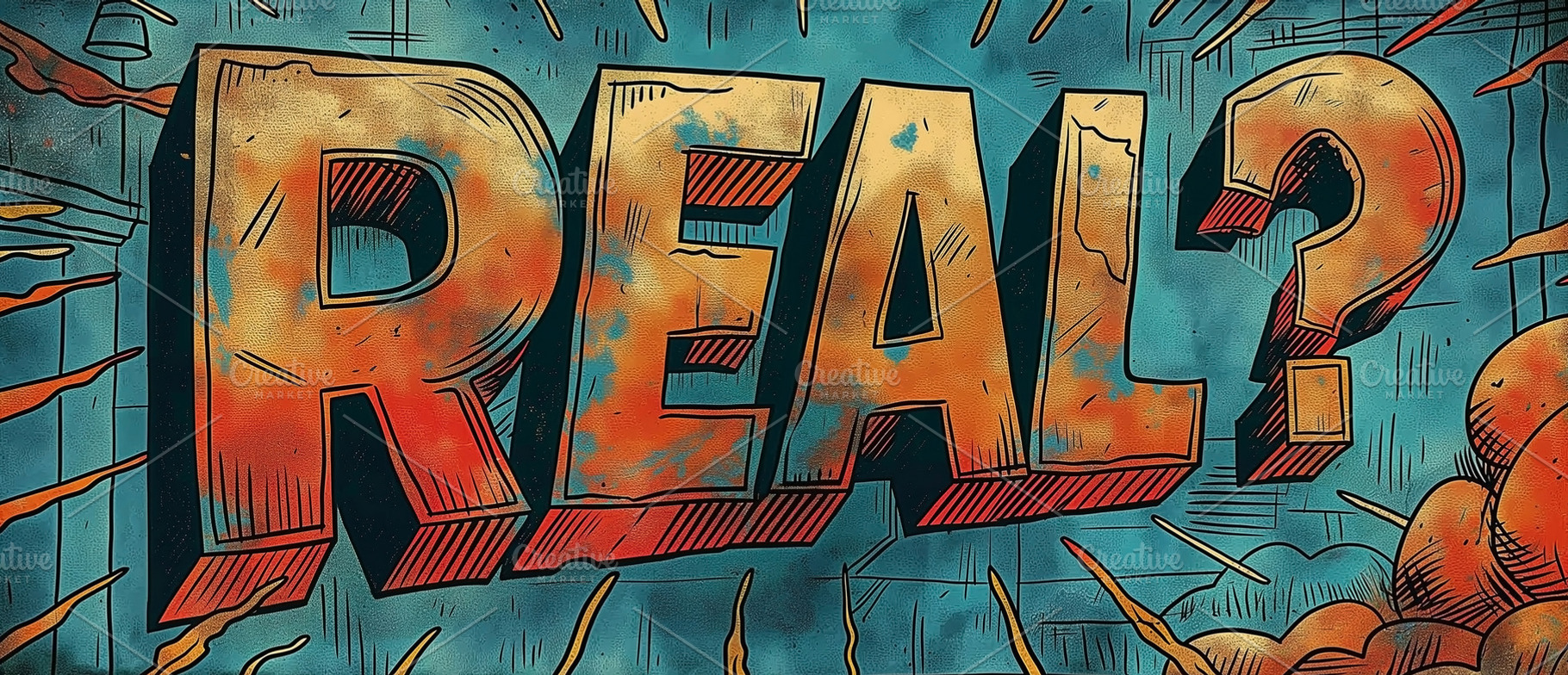 A bold comic-style illustration featuring the word 'REAL?' with vibrant colors, a Background Photo by ImageMir