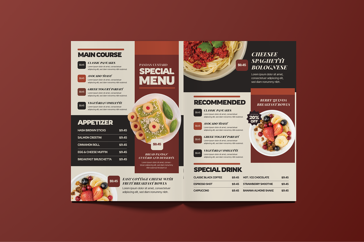 Restaurant Menu Bifold Brochures, a Brochure Template by MMPixelCraft (Photo 2 of 4)