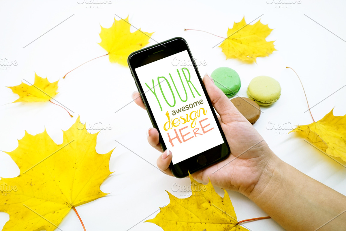 Mock-Up Phone 7 Autumn Macarons 9in1, an iPhone Mockup by EmilGuseinov (Photo 3 of 9)
