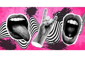 Woman mouth and hand as retro