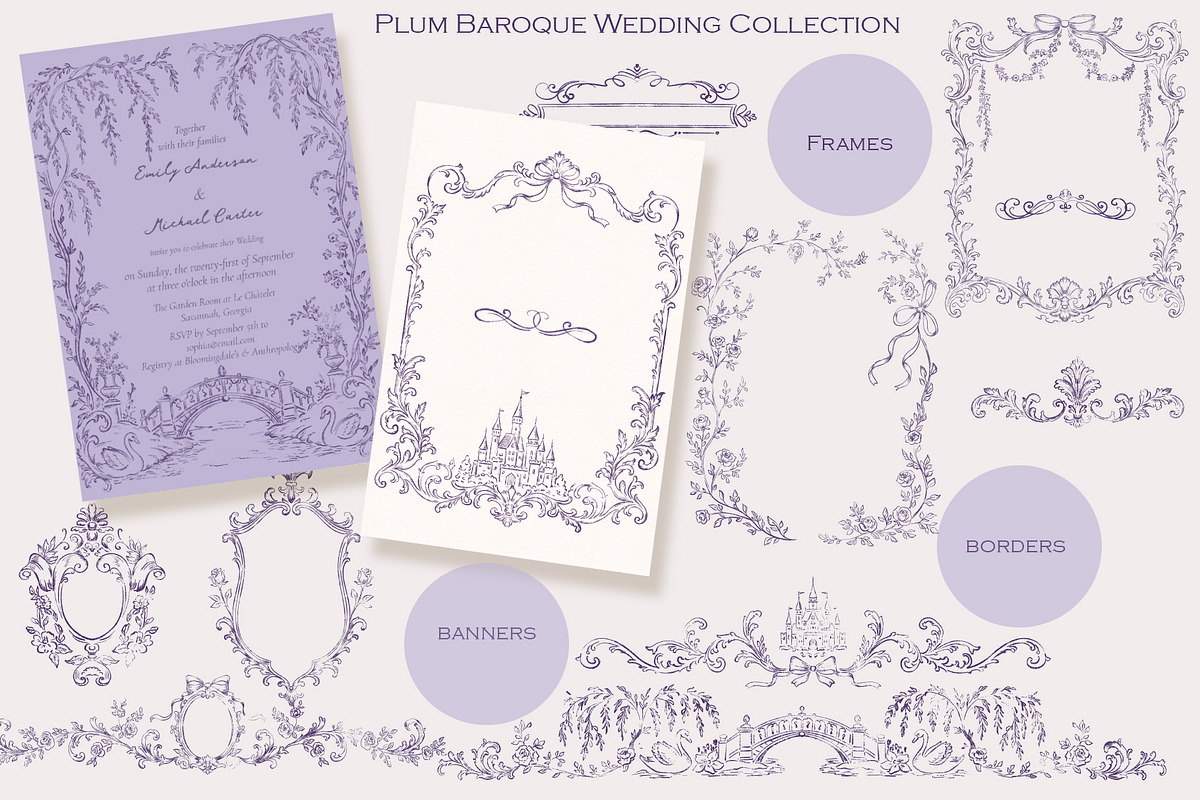 Plum Vintage Baroque Wedding Set, a Seasonal Illustration by AlenaVlasko stock Market (Photo 1 of 8)
