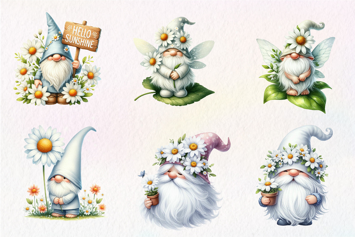 White Gnome Daisy watercolor Clipart, an Illustration by CreationArt (Photo 6 of 9)