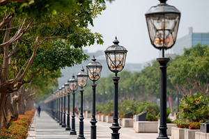 Scenic walkway with vintage street lamps and greenery, a Wallpaper Photo by AlyaAnd