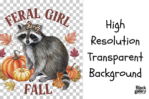 Vintage Raccoon Feral Girl Fall PNG