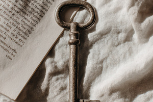 Vintage key on white linen, a Photo by Virgo Studio