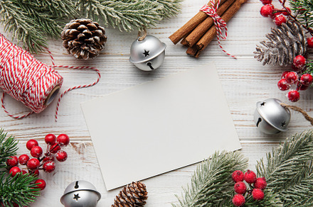 Christmas background with fir tree and decor. Top view with copy, a Holiday Photo by Olena Rudo
