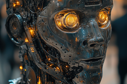 A close-up of a futuristic robot head with glowing orange eyes and intricate me, a Person Photo by Textures & Backgrounds