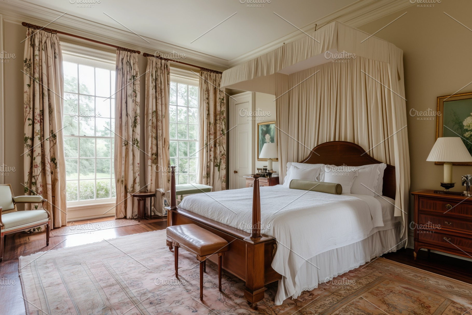 A serene Neoclassical style house bedroom featuring a large bed with a canopy,, an Architecture Photo by Textures & Backgrounds