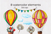 Hot Air Balloons Watercolor Clipart, a Transportation Illustration by AnastasiaWatercolor (Thumbnail 2 of 9)