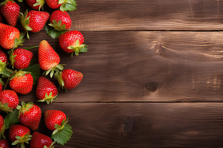 Red ripe strawberries on brown wooden background, a Food & Drink Photo by AlyaAnd