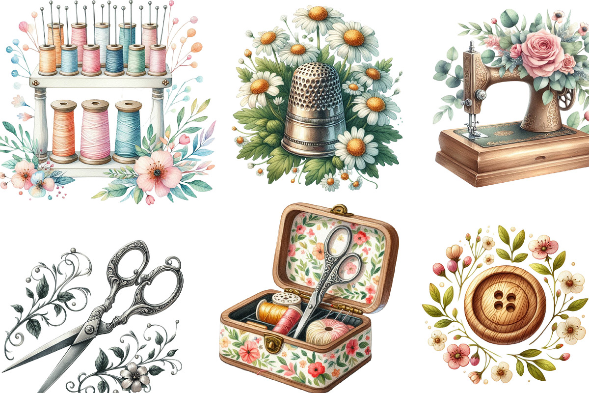 Floral Sewing Sublimation Clipart, an Illustration by Designking (Photo 2 of 4)