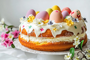Delicious decorated easter cake with colorful toppings, a Food & Drink Photo by AlyaAnd