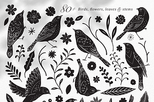 Birds & Blooms Vector Linocut Set