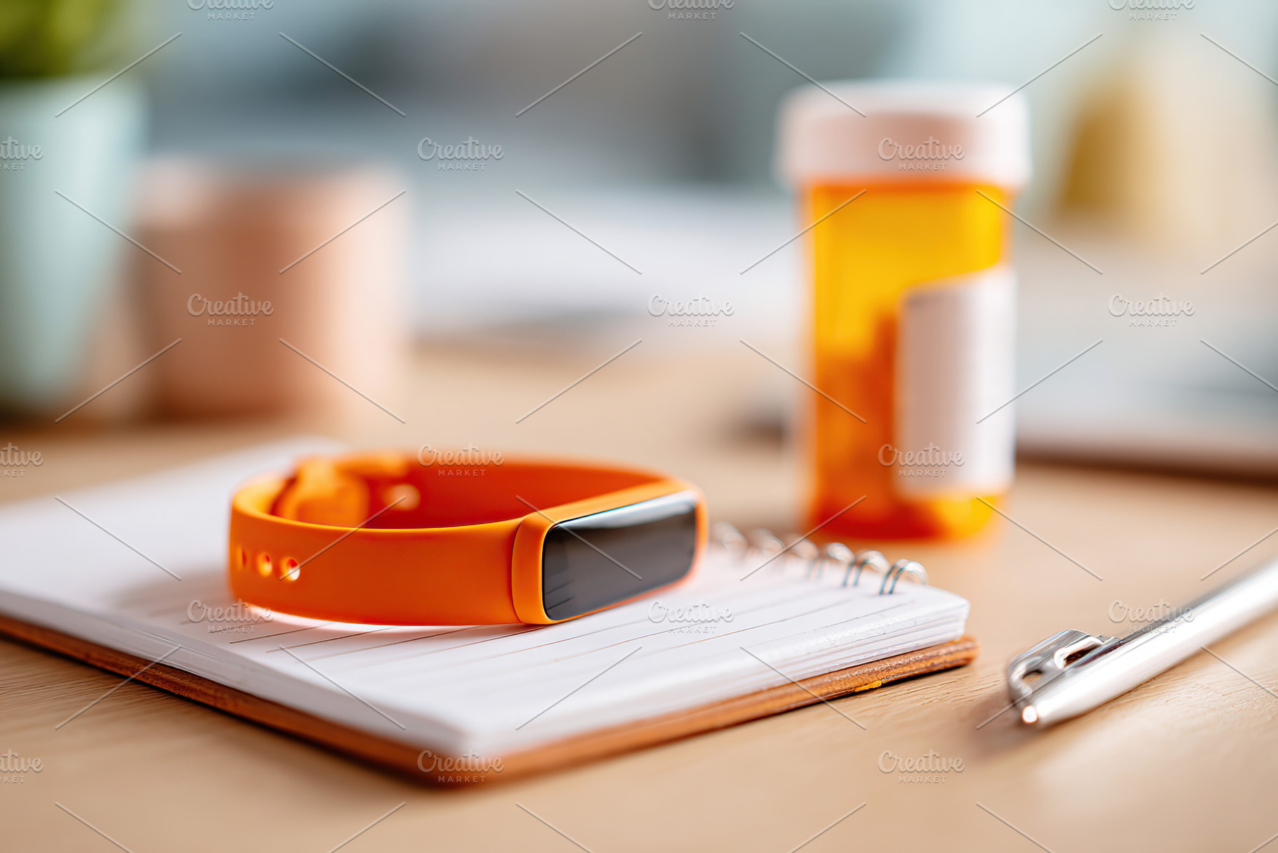 Smart medical wristband on notebook beside medication bottle in home office set, a Photo by AlyaAnd