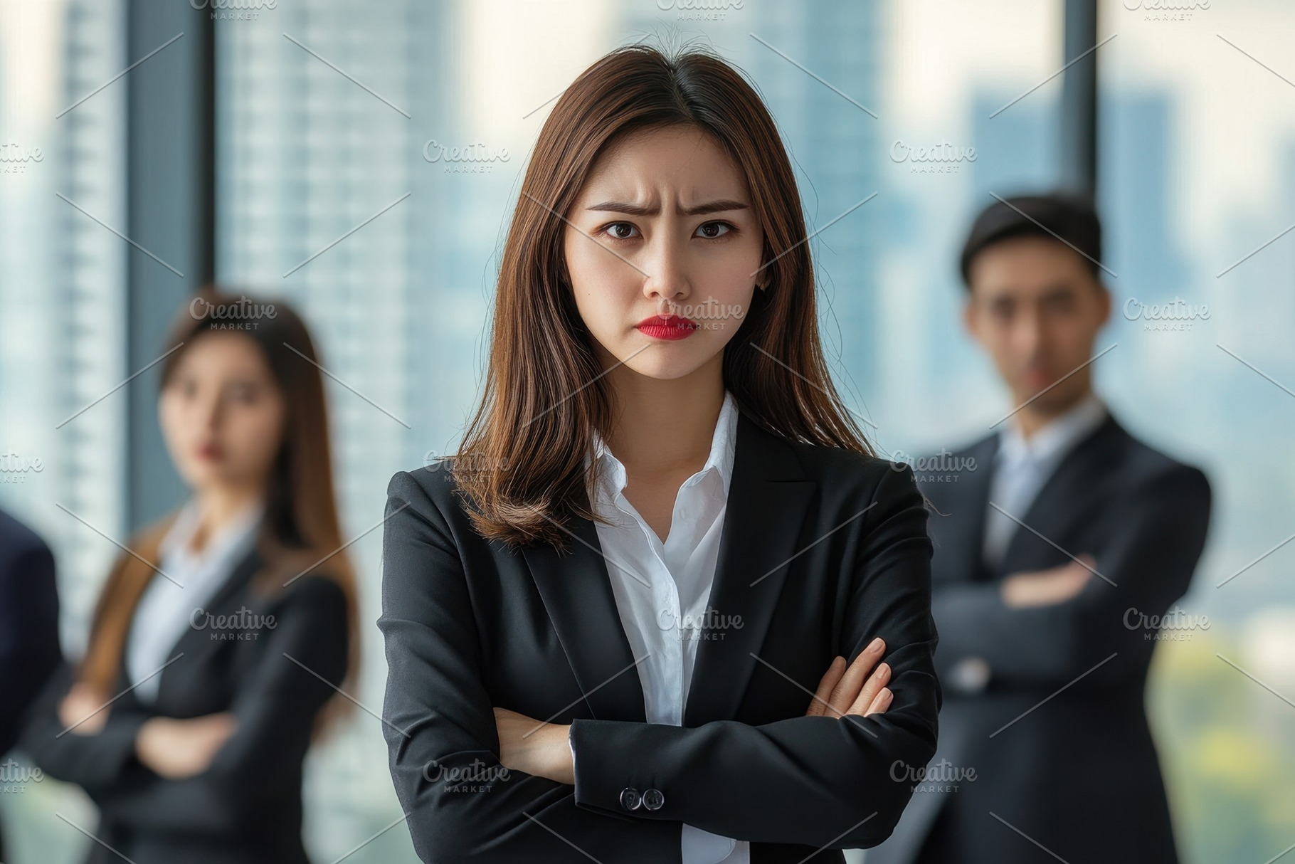 Businesswoman and her team show, a Photo by Pavel_design