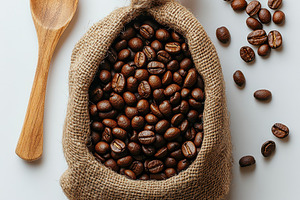 Roasted coffee beans in burlap sack, a Food & Drink Photo by Pixeness Studio