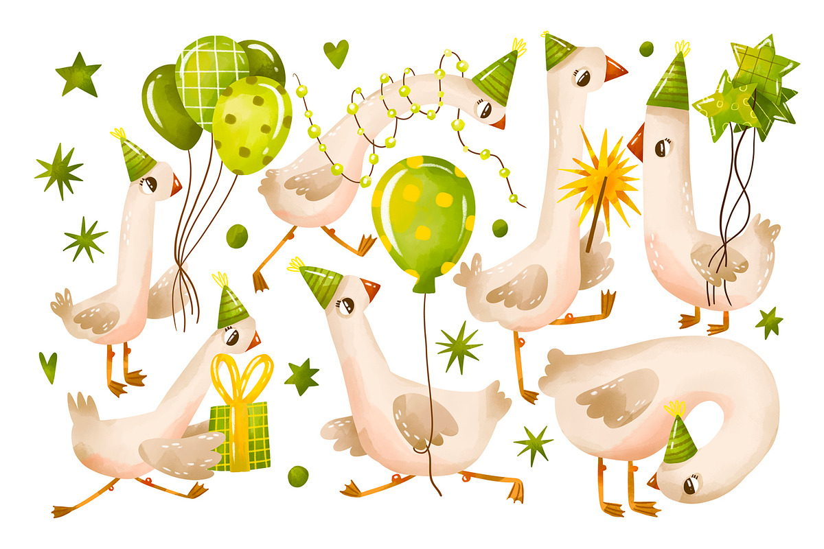 Green Birthday Goose Clipart Set, an Animal Illustration by the_myro (Photo 1 of 10)