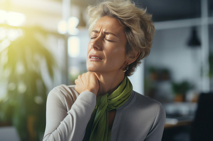 Senior overworked woman suffering from neck pain at the office, a Photo by Antonina Vlasova