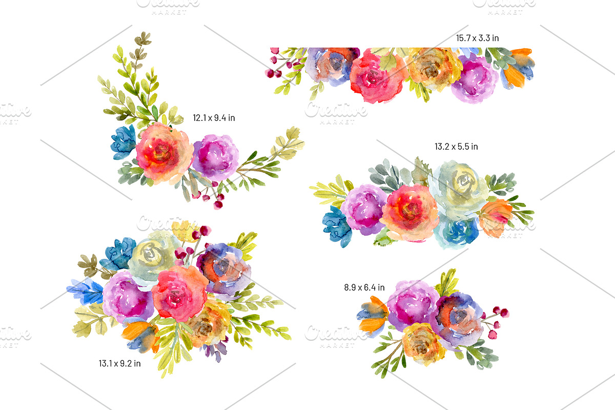 Bright Watercolor Flowers & Leaves, a Decorative Illustration by GraphicsDish (Photo 3 of 3)