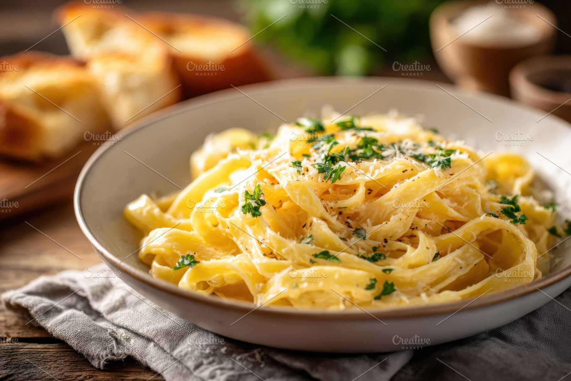 Creamy fettuccine pasta with parsley and cheese, a Food & Drink Photo by AlyaAnd