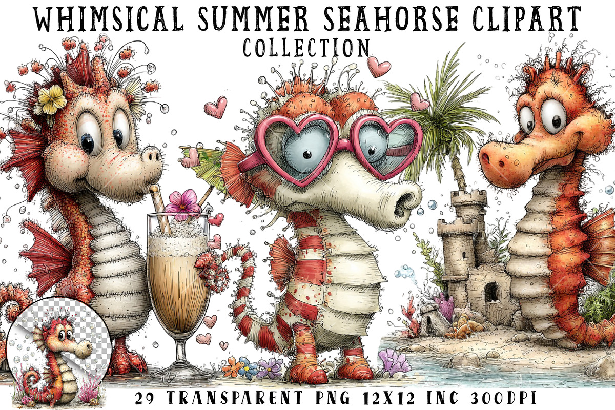 Whimsical Summer Seahorse Clipart, an Illustration by OK Design (Photo 1 of 6)