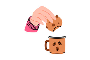 Hand Holding Cookie And Coffee Cup