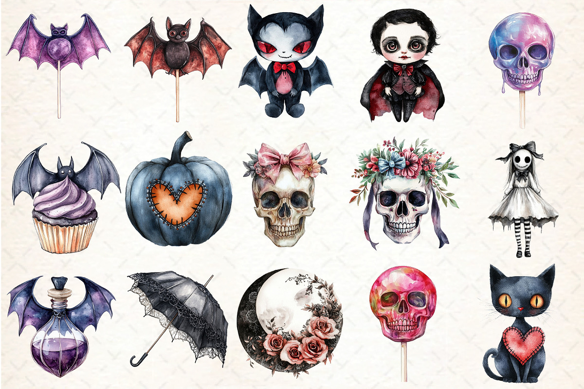 Cute Goth Halloween Clipart, an Illustration by DreamCafeArt (Photo 5 of 5)