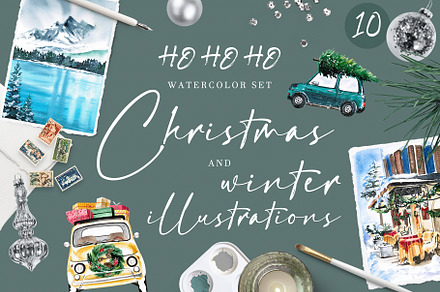Watercolor Christmas and winter set