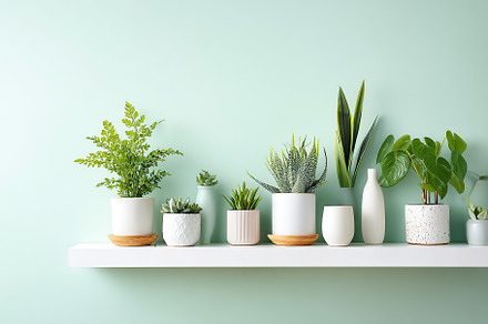 Display of various houseplants on a white shelf against a mint green wall in a, a Nature Photo by AlyaAnd