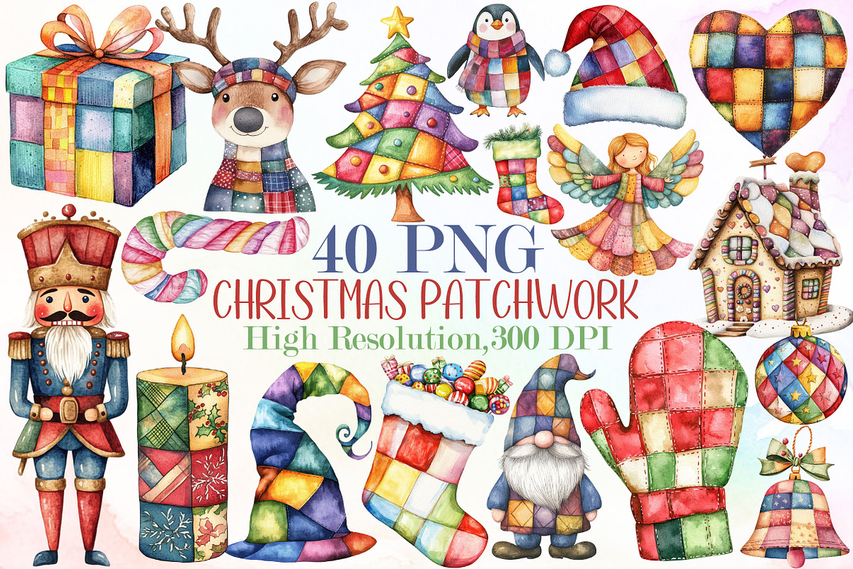 Watercolor Christmas Patchwork Clipa, an Illustration by Sublimation Artist (Photo 1 of 6)