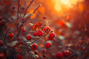 Branch with red rose hip berries on blurred background, a Food & Drink Photo by AlyaAnd
