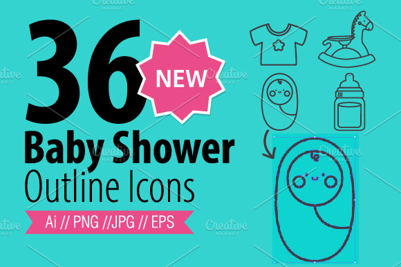 36 Baby Shower Outline Icons