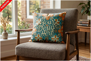 Square Pillow In Modern Armchair PSD, a Household Mockup by Bruno's Shop