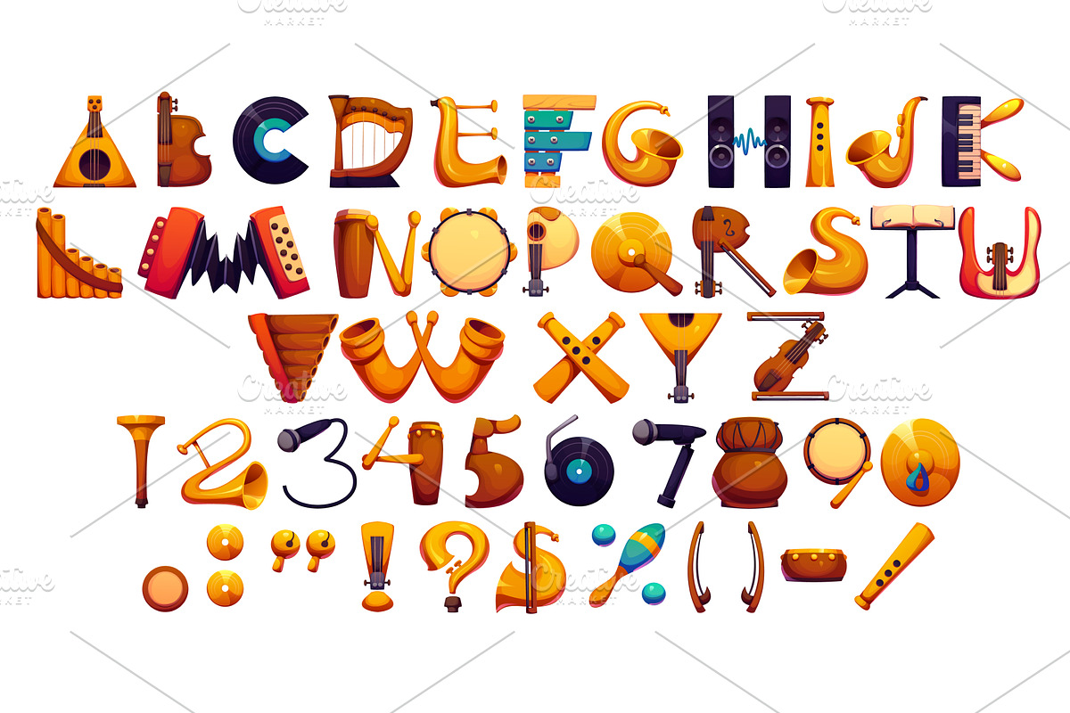 Musical font, instruments typeface, an Object Illustration by Vector ...