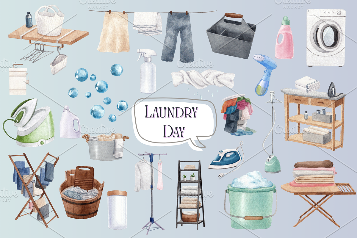 Laundry Day Watercolor icon Set, an Illustration by Stellalunarts