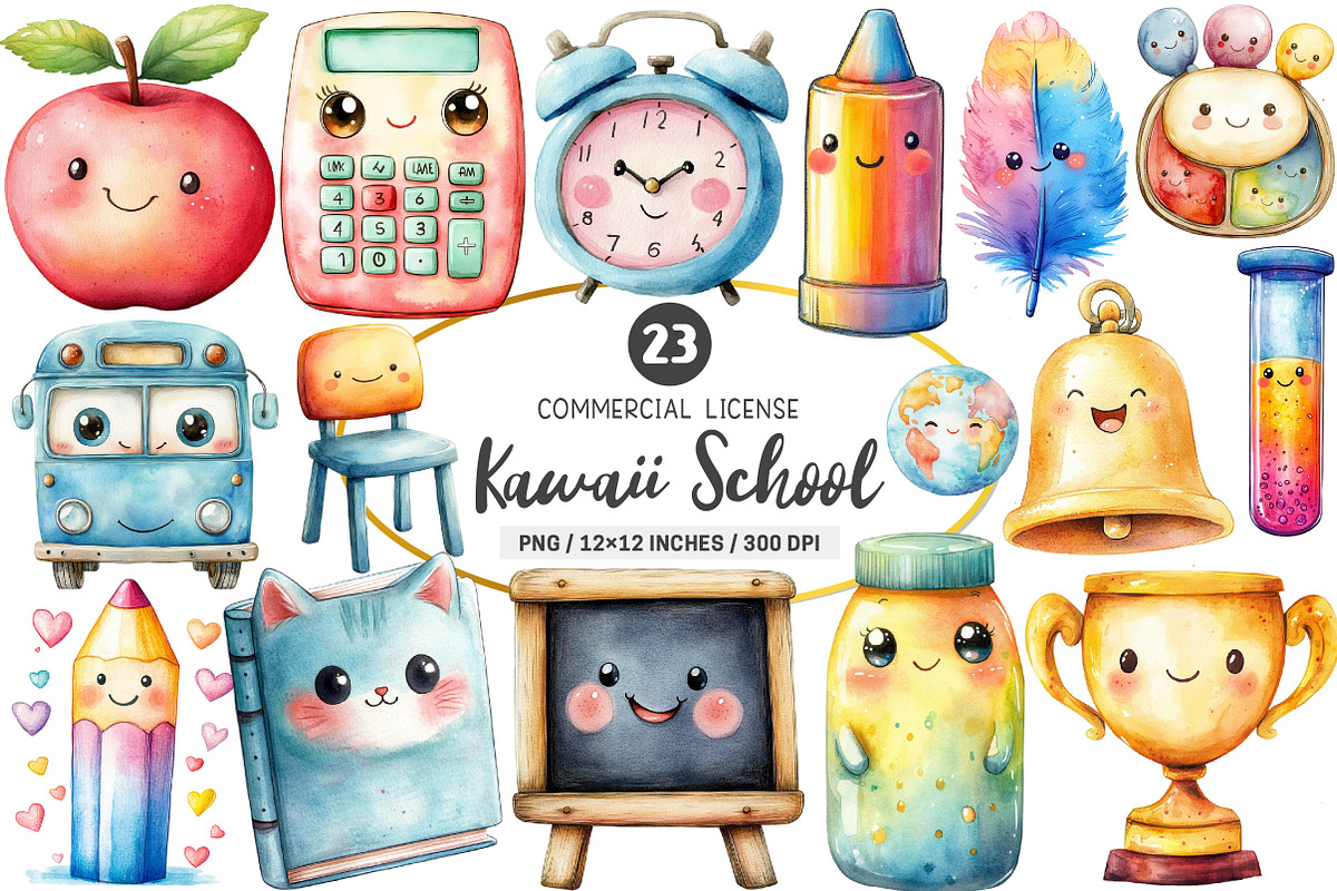 Kawaii School Clipart PNG, an Illustration by SinaCreation (Photo 1 of 5)