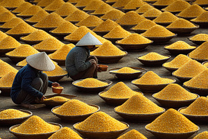 Workers sorting yellow rice, a Photo by Beautiful things