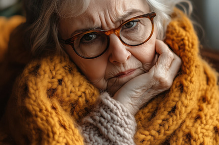 An elderly woman with gray hair and glasses, wrapped in a thick, knitted orange, a Person Photo by Textures & Backgrounds