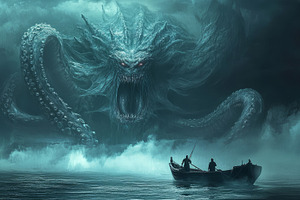 sea monster in the fog and fisherman on a boat, a Photo by Pictures for you!!!!!!!!!