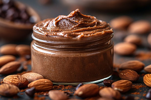 A creamy chocolate spread in a glass jar surrounded by coffee be, a Food & Drink Photo by ImageMir