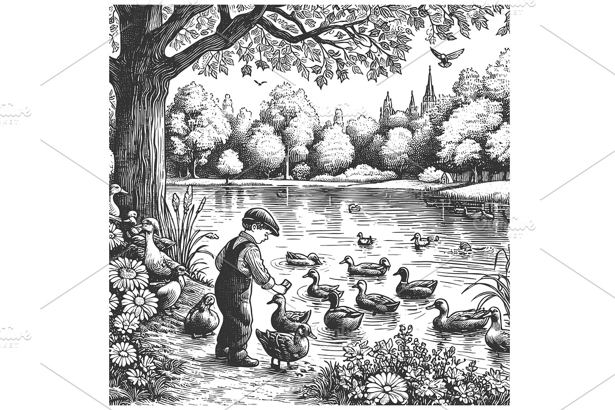 boy feeding ducks by riverside, a Person Illustration by AlexArt