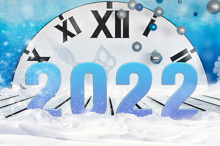 New year 2022, banner greeting card layout with snow, blue backg, a Holiday Photo by Byrdyak
