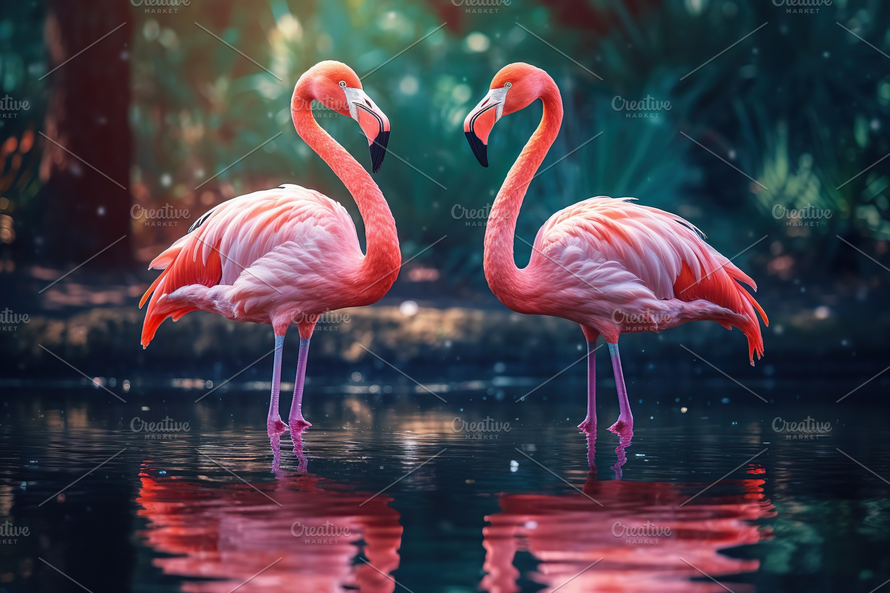 Pink flamingos standing in a lake, an Animal Photo by AlyaAnd