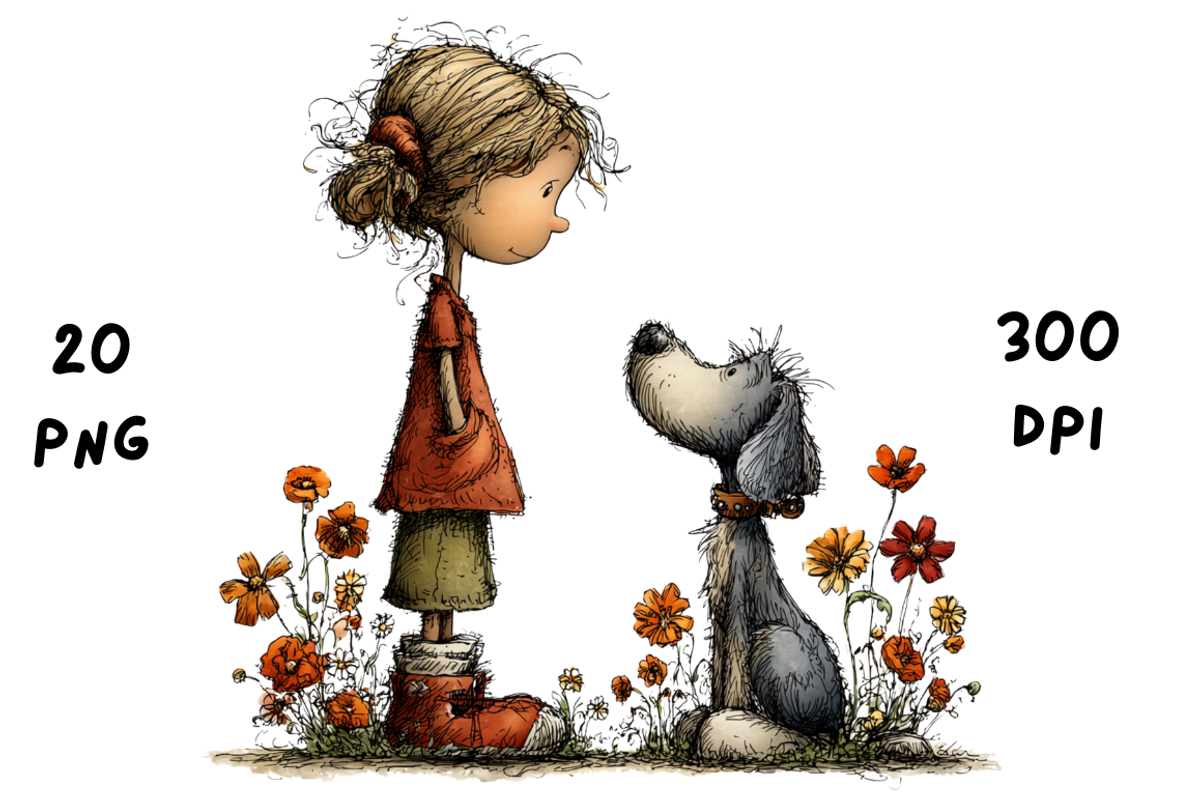 Whimsical Floral Girl and Puppy, an Animal Illustration by GiraffeCreative (Photo 13 of 20)