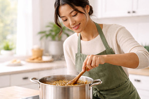 Woman cooking lentil soup in kitchen, a Photo by Dvoevnore photos