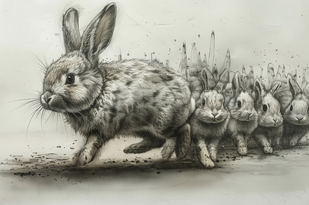 Dynamic pencil sketch of rabbits in motion with leader rabbit, a Photo by AS photostudio