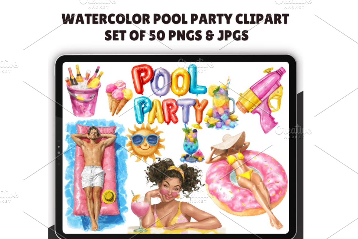 Watercolor Pool Party Clipart, an Illustration by CraftCrateShop (Photo 1 of 7)