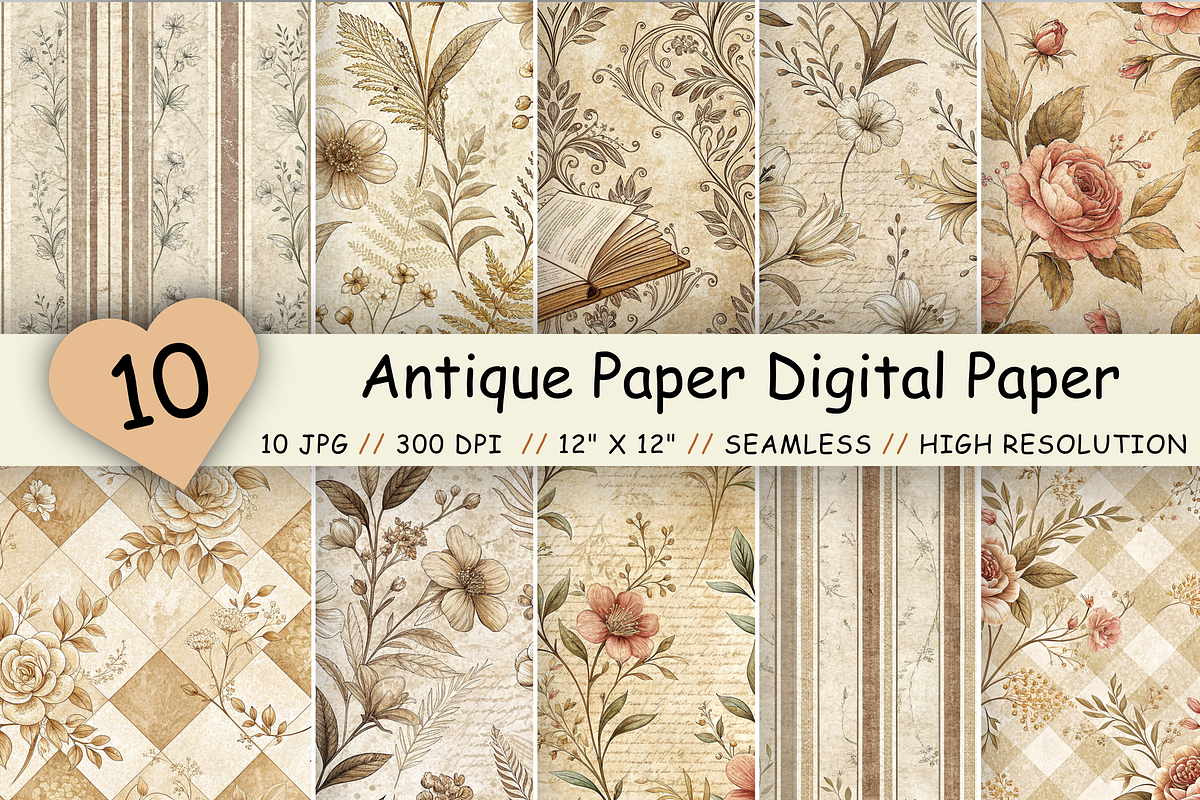 Antique Paper Digital Paper Pack, a Pattern Graphic by FloridPrintables (Photo 1 of 9)